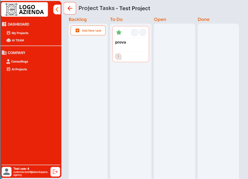 Piattaforma whitelabel: gestione task di progetto in Backlog/To Do/Open/Done